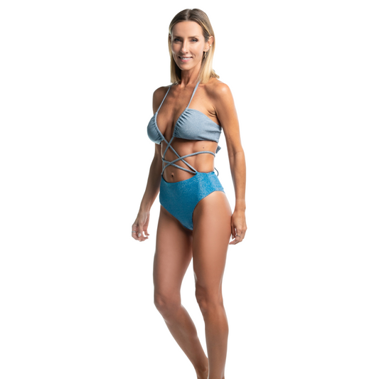 High rise crossed bikini blue